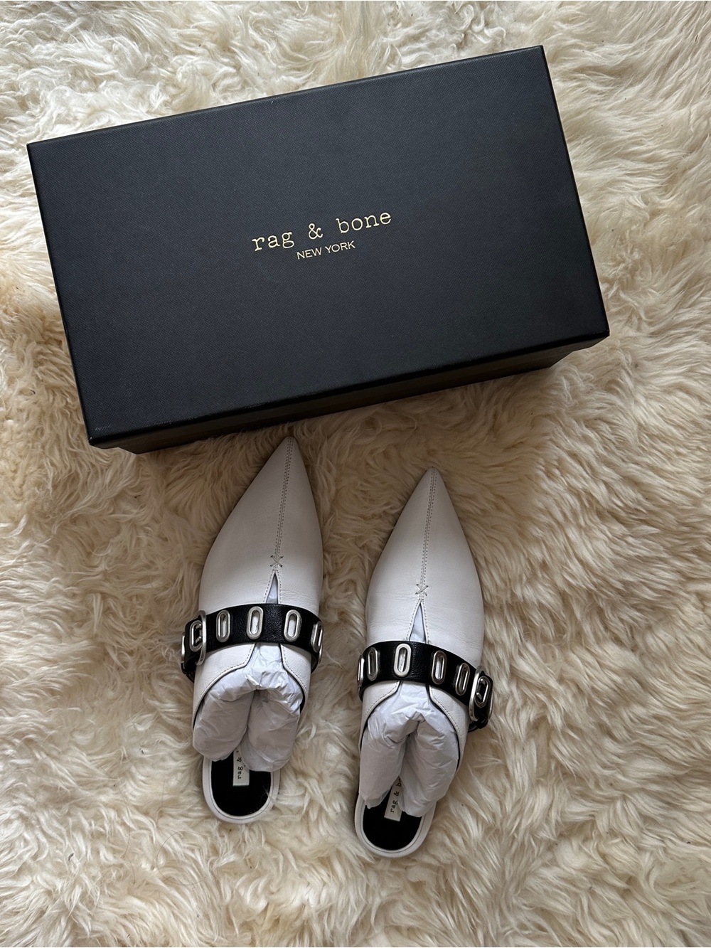 rag & bone White Leather Pointed-Toe Slide Mules with Black Strap